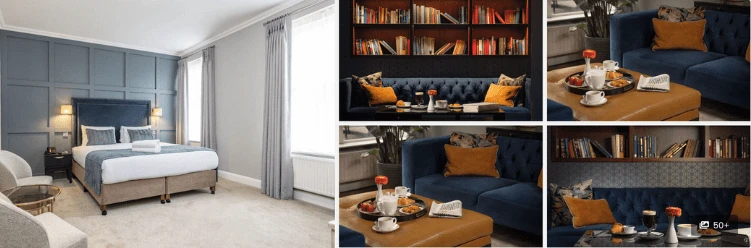 A modern hotel room and cozy lounge area with blue sofa, orange pillow, bookshelves, and breakfast trays.