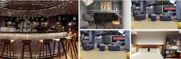 Modern lounge with bar, chic seating, cozy bedroom—contemporary comfort and the elegance of top Amsterdam hotels.