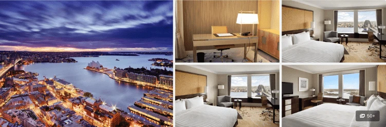 A cityscape at dusk and four modern hotel room interiors with large windows and scenic views.