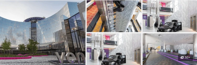 Collage of a modern glass building exterior, sleek interiors, a car, and purple accents at hotels in Amsterdam.