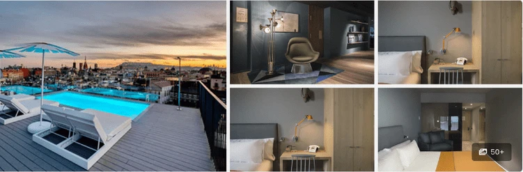 Collage of a rooftop pool scene, modern lounge, and stylish hotel rooms with neutral decor.