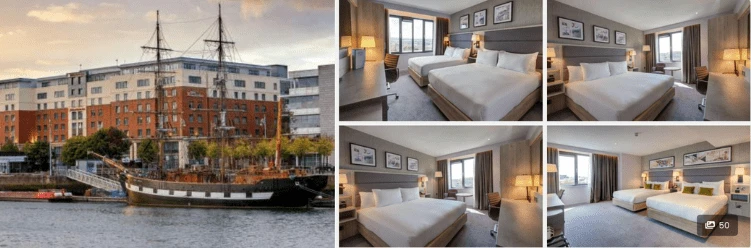 Hotel by the water with a docked ship, and four images of modern, spacious hotel rooms with large beds.