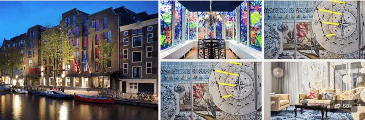 Colorful Hotels in Amsterdam by a canal with vibrant, modern rooms featuring artistic wall designs and maps.