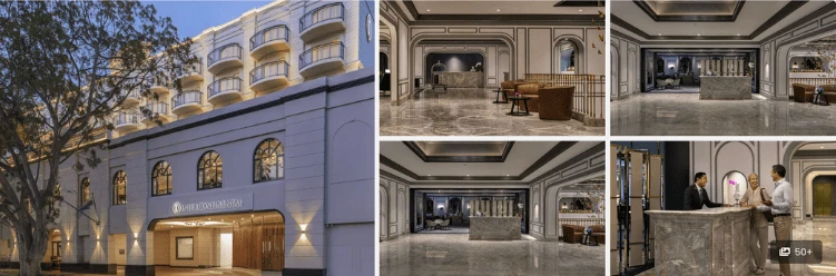 Collage of a hotels exterior and elegant lobby with a marble reception desk and modern décor.