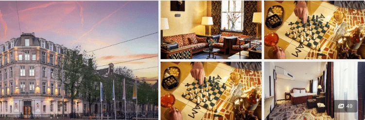 Collage of Hotels in Amsterdam: grand exteriors, cozy lounges, chess games, snacks, and modern bedroom interiors.