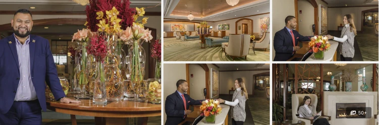 Man in blue suit enjoys moments in a sustainable Boston hotel—meeting, relaxing, and connecting in eco-friendly spaces.