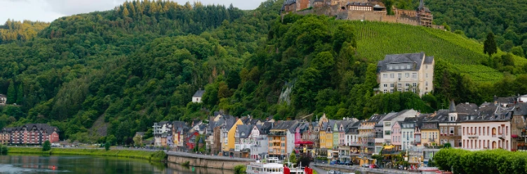 Colorful riverside town with hillside vineyards and a fortress, surrounded by lush green forested hills.