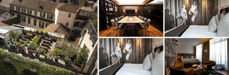 Chic boutique hotel in Milan’s Brera district with vertical gardens, modern workspace, and solar-powered lighting.
