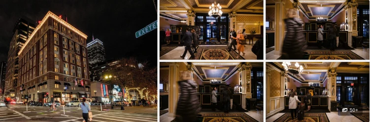 Elegant exterior and ornate lobby scenes of The Lenox Hotel, a top eco-friendly business stay in Boston.