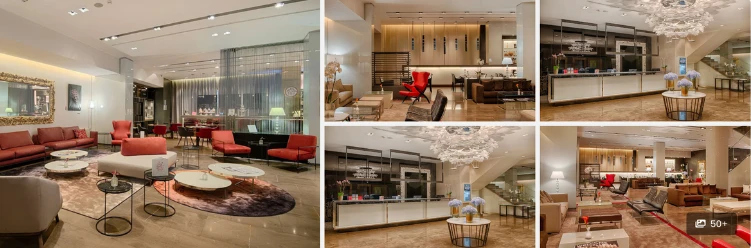Elegant hotel interior with modern design, warm lighting, and eco-conscious features near Milan’s Piazza San Babila