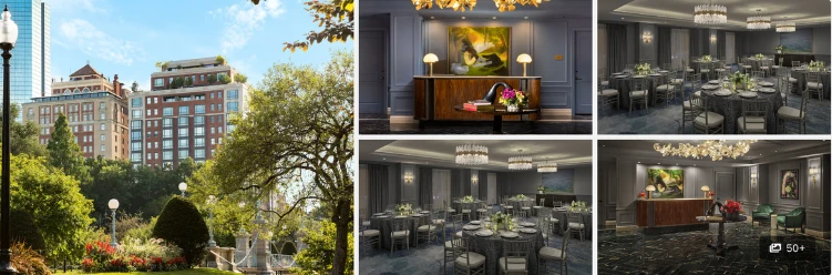 Collage of an eco-friendly business hotel in Boston, featuring its exterior, elegant lobby, and three formal banquet halls.
