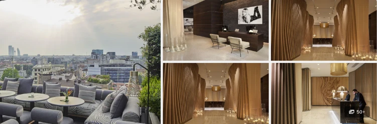 Rooftop terrace with city view, modern reception desk, and warm-lit hallway with wood paneling in Milan hotel