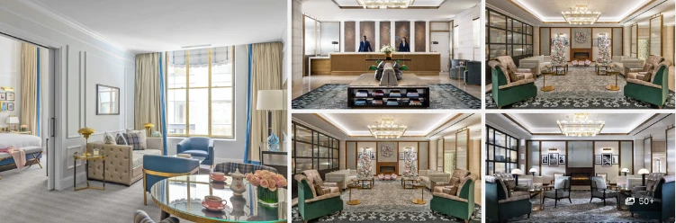 Luxurious hotel that epitomizes elegance and comfort with plush furniture, chandeliers, and expansive windows.