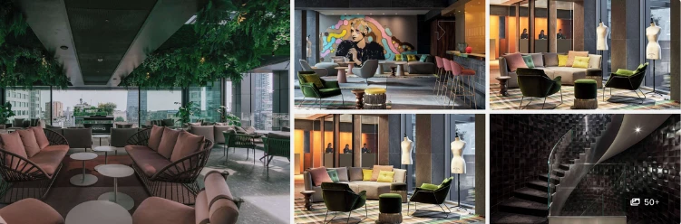 Contemporary Milan hotel lounge with vibrant wall art, sleek furniture, and indoor plants creating a cozy atmosphere