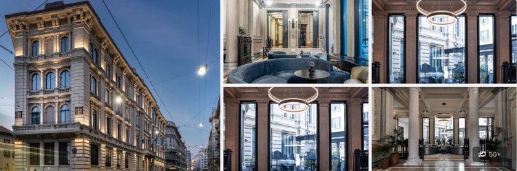 Grand building in Milan featuring tall windows, intricate detailing, and ambient lighting at dusk