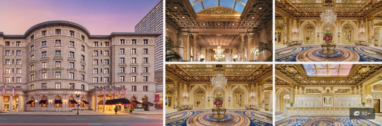 Exterior and interior of a Hotel in Boston, featuring a historic facade, ornate lobbies with chandeliers, and opulent decor