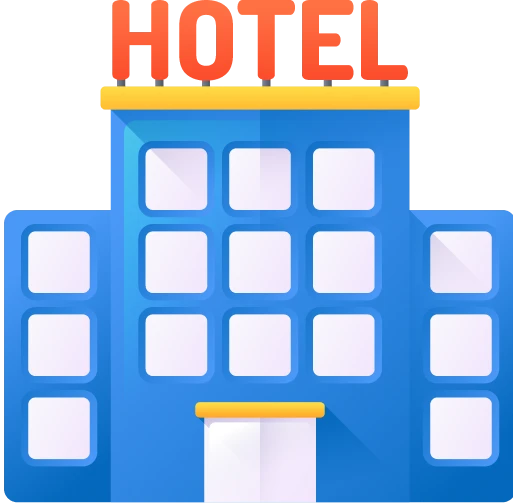 Blue hotel building with large HOTEL sign on top and many windows on the front facade.