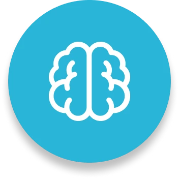 White brain icon on a blue circular background.