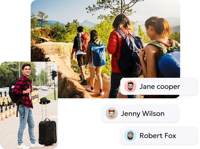 A group of young hikers on a forest trail, and a man with luggage on a city street. Names are listed beside them.