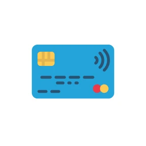 Blue credit card icon with a chip and contactless payment symbol on a white circular background.