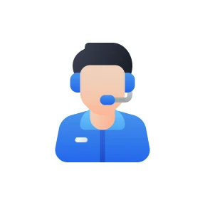 Icon of a customer service representative wearing a headset and blue uniform, shown on a white circular background.