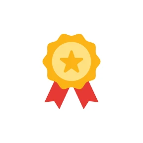 Gold award medal with a star in the center and two red ribbons, on a white circular background.