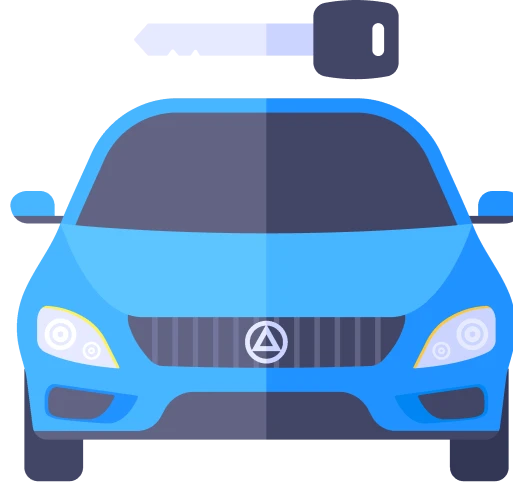 Blue car viewed from the front with a key positioned above the roof.