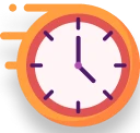 Illustration of a clock with orange and red colors, showing the time as 4:20, with motion lines.