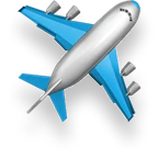 Blue and white airplane viewed from above, flying through a clear sky.