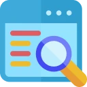 A magnifying glass over a web page with lines, symbolizing search or analysis on a website.