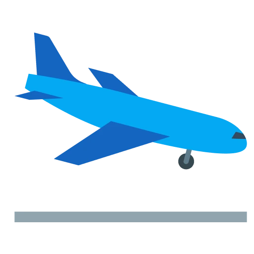 Blue airplane landing on a runway, shown in a simple, flat illustration style.