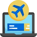 A laptop with a plane icon and a flight ticket on the screen, representing online flight booking.