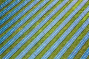 Rows of blue solar panels arranged diagonally across green grass in a solar farm, viewed from above.