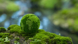 A globe covered in green moss sits on a forest floor, symbolizing environmental conservation and nature.
