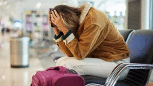 A woman sits in an airport holding her head in her hands, looking stressed, with a pink suitcase nearby.