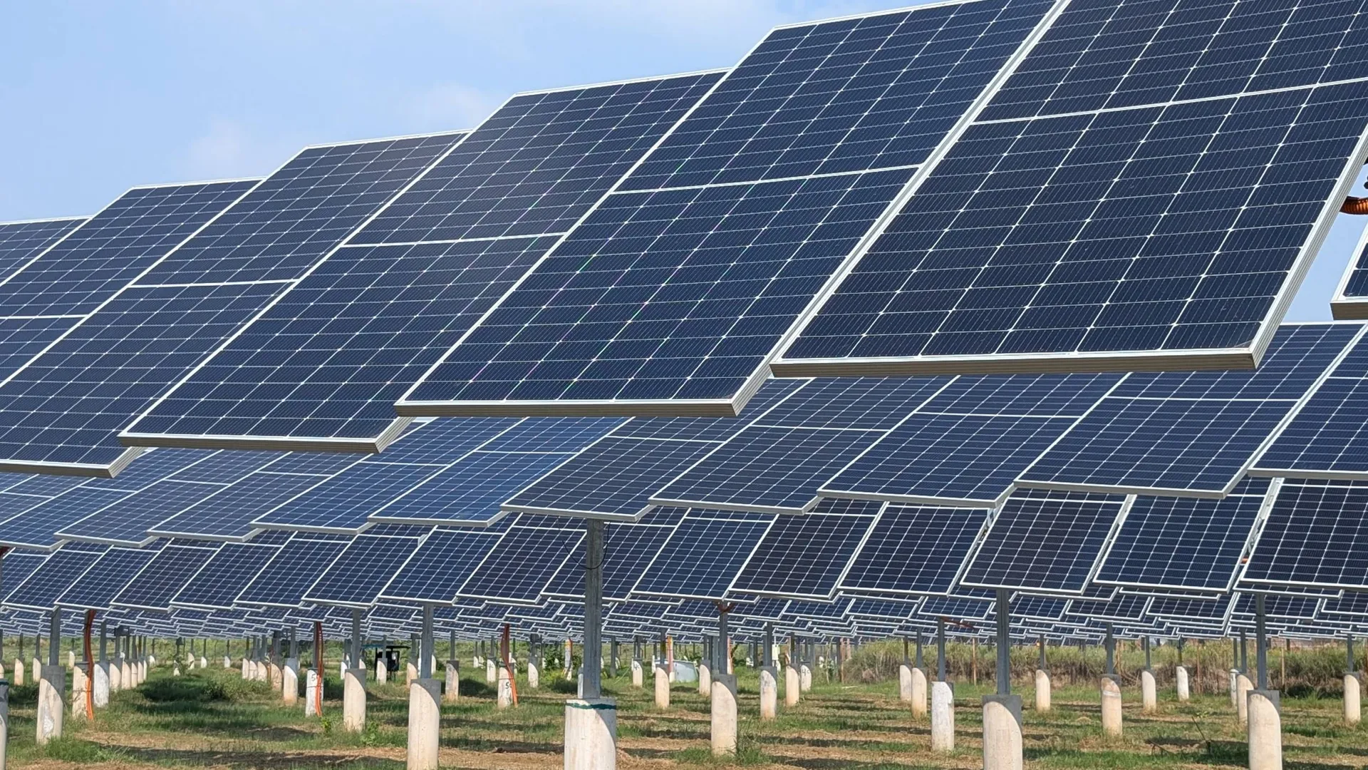 Rows of large blue solar panels installed outdoors on metal frames, capturing sunlight for energy.