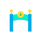 Simple illustration of a festive arch with two blue pillars and a green arch featuring a yellow circle and tree.