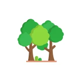 Illustration of three green trees and bushes on a white circular background.